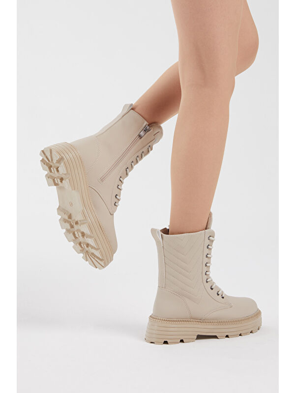 Kadın Krem Cilt Kalın Taban Nakışlı Bağcıklı ve Fermuarlı Bot - Görsel 7