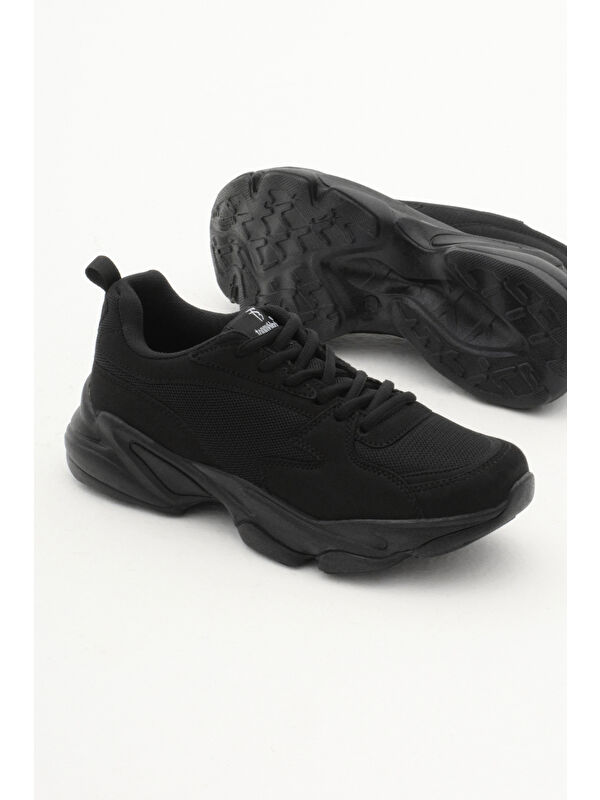 Unisex Siyah Rahat Kalıp Yüksek Poli Taban Bağcıklı Spor Ayakkabı - Görsel 5