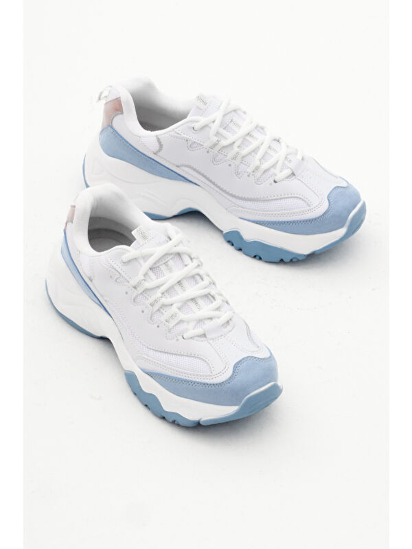 Kadın Beyaz Mavi Rahat Kalıp Yüksek Taban Bağcıklı Spor Ayakkabı - Görsel 4