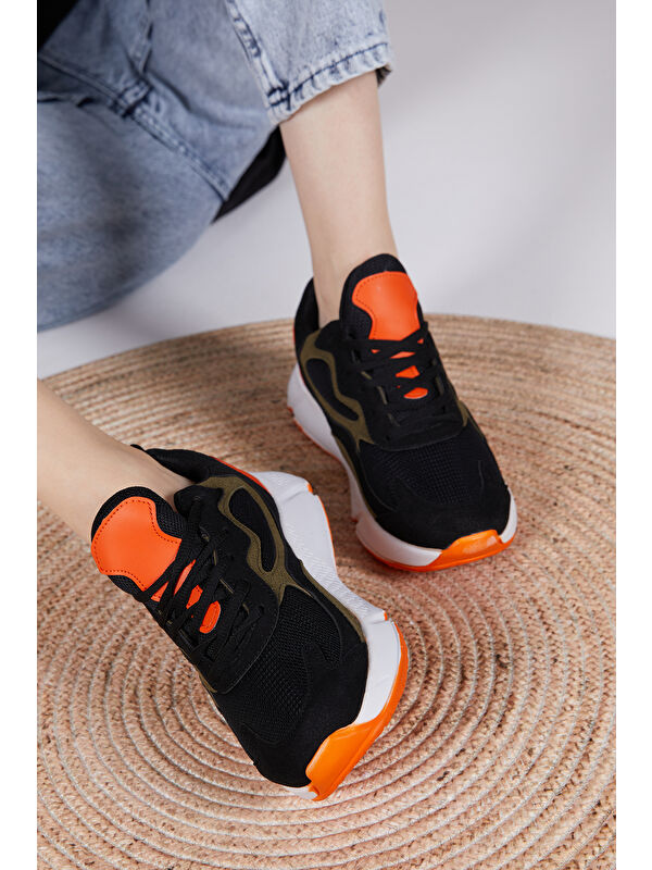 Unisex Siyah Turuncu Rahat Kalıp Yüksek Taban Bağcıklı Spor Ayakkabı - Görsel 4