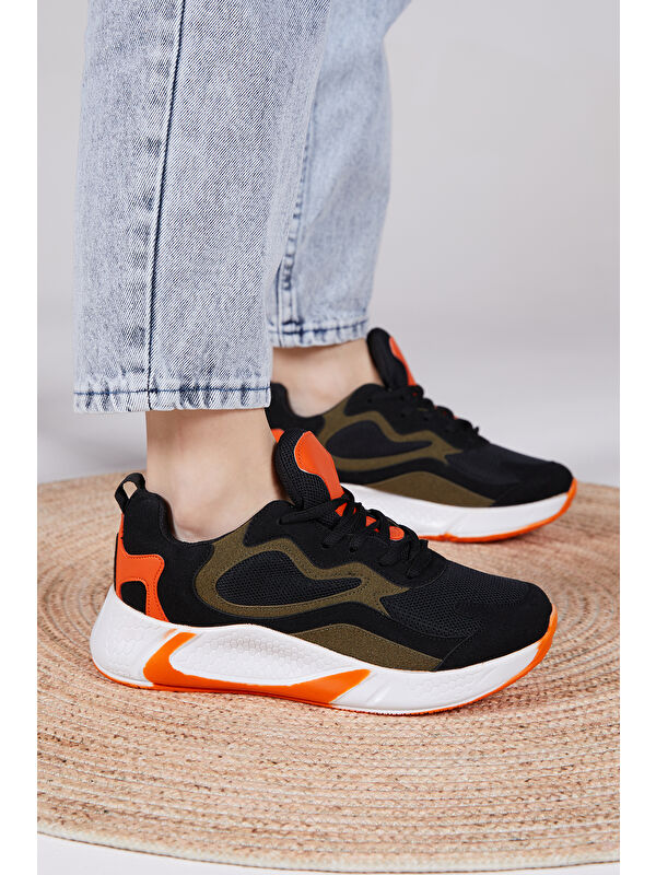 Unisex Siyah Turuncu Rahat Kalıp Yüksek Taban Bağcıklı Spor Ayakkabı - Görsel 5