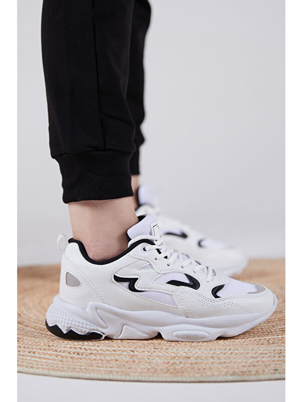 Unisex Beyaz Siyah Rahat Kalıp Yüksek Taban Bağcıklı Spor Ayakkabı - Görsel 3