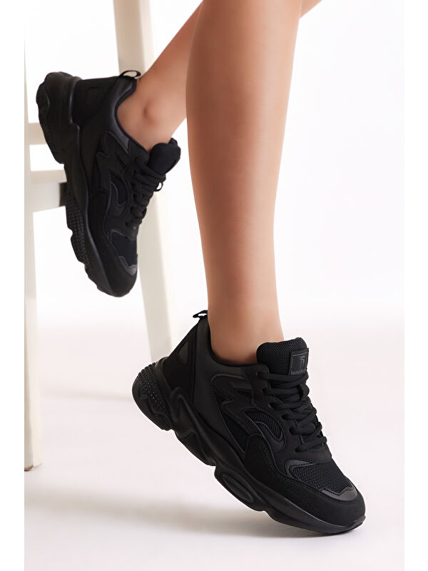 Unisex Siyah Rahat Kalıp Yüksek Taban Bağcıklı Spor Ayakkabı - Görsel 3