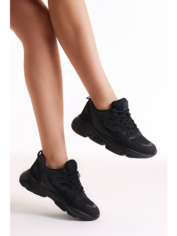 Unisex Siyah Rahat Kalıp Yüksek Taban Bağcıklı Spor Ayakkabı - Görsel 4
