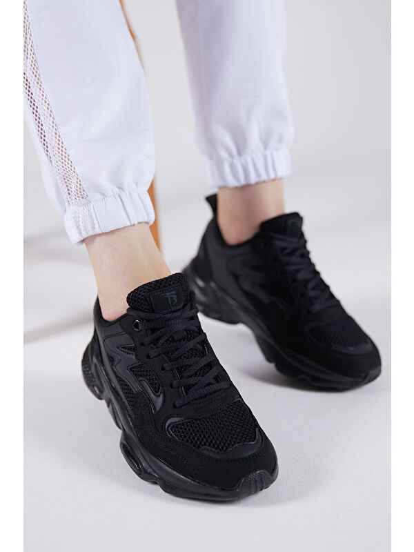 Unisex Siyah Rahat Kalıp Yüksek Taban Bağcıklı Spor Ayakkabı - Görsel 5