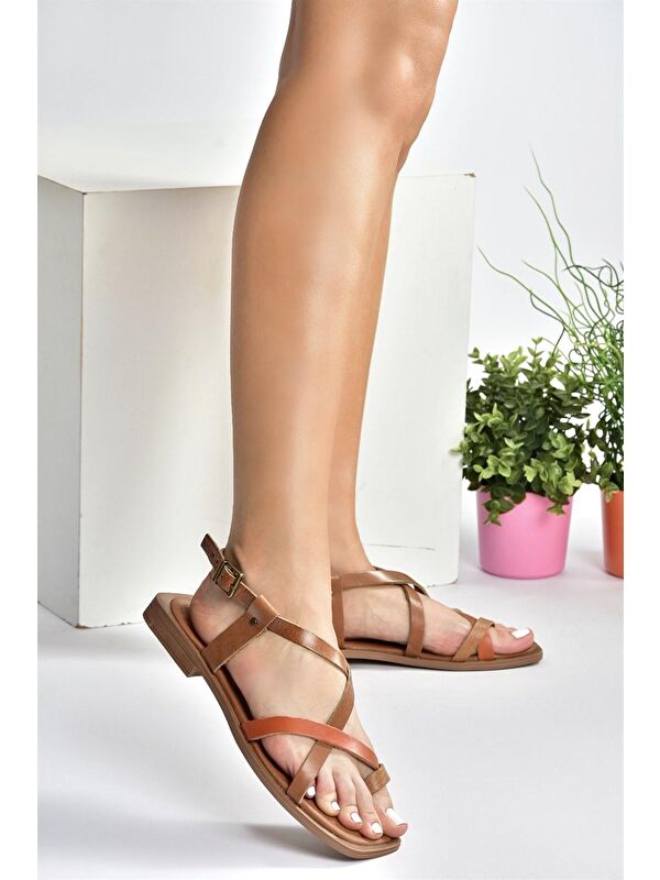 Taba/Turuncu Hakiki Deri Parmak Arası Kadın Sandalet M291841203 - Görsel 4