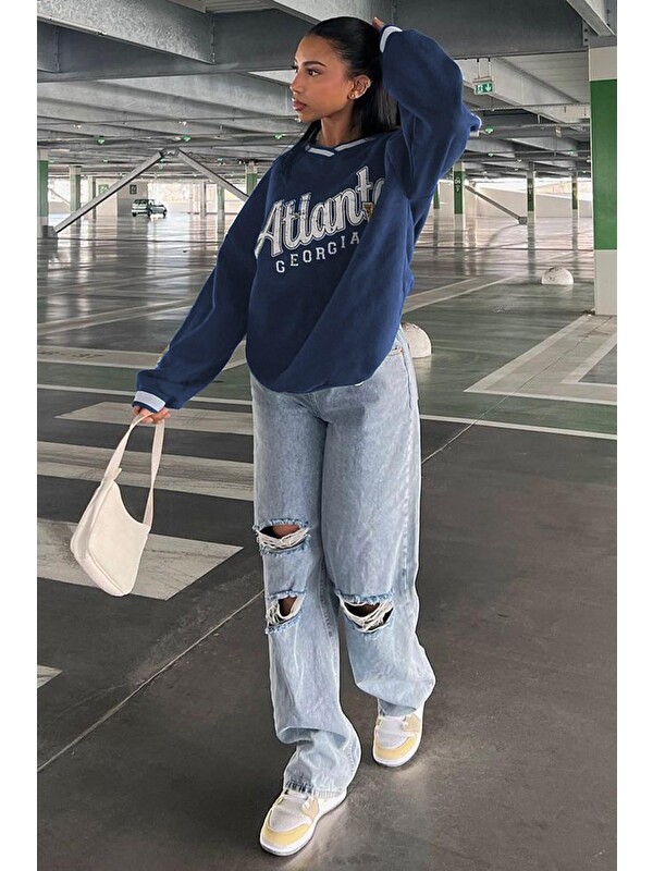 Madmext Lacivert Baskılı V Yaka Sweatshirt Mg1576