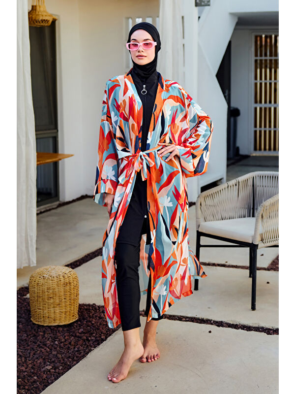 Remsa Mayo Remsa Tesettür Mayo Üzerine Tek Kaftan Kimono Pareo Turuncu RP027 Lotus
