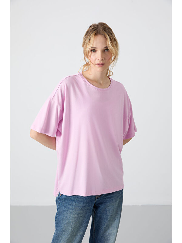 Tommylife Pembe Penye Modal Yumuşak Tuşeli Oversize Fit Basic Kadın Tişört- 97285
