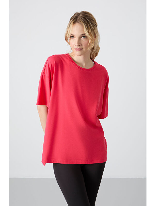 Tommylife Rose Penye Modal Yumuşak Tuşeli Oversize Fit Basic Kadın Tişört- 97285