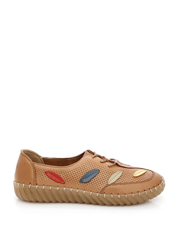 Gonderi(r) Bej Gonderi(r) Hakiki Deri Yuvarlak Burun Düz Taban Kadın Sneaker 45671