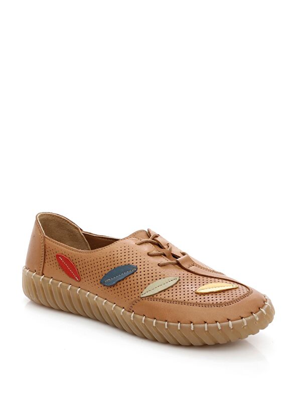 Gonderi(r) Bej Gonderi(r) Hakiki Deri Yuvarlak Burun Düz Taban Kadın Sneaker 45671