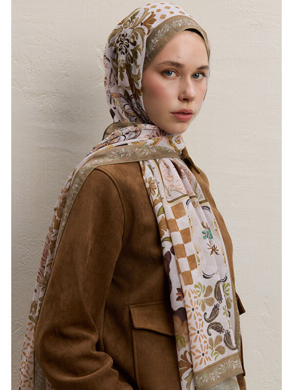 Fresh Scarfs Bella Desen İpek Krep Şal Toprak