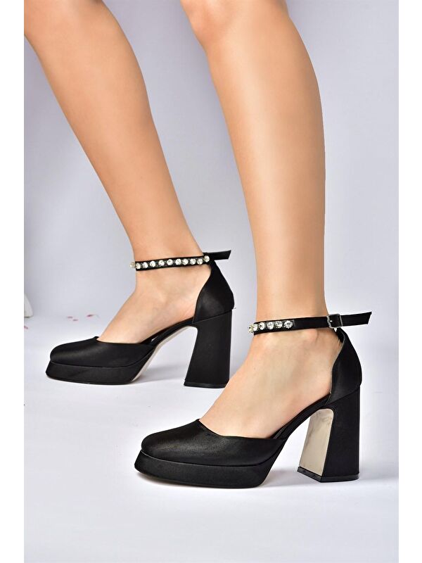 Siyah Saten Kumaş Kalın Platform Topuklu Kadın Ayakkabı M404111804 - Görsel 4