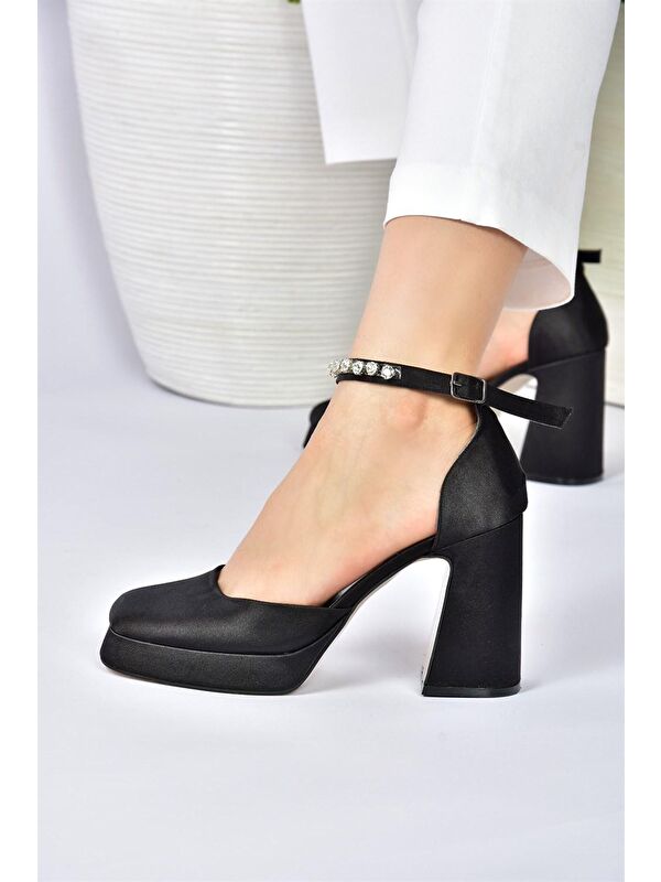 Siyah Saten Kumaş Kalın Platform Topuklu Kadın Ayakkabı M404111804 - Görsel 6