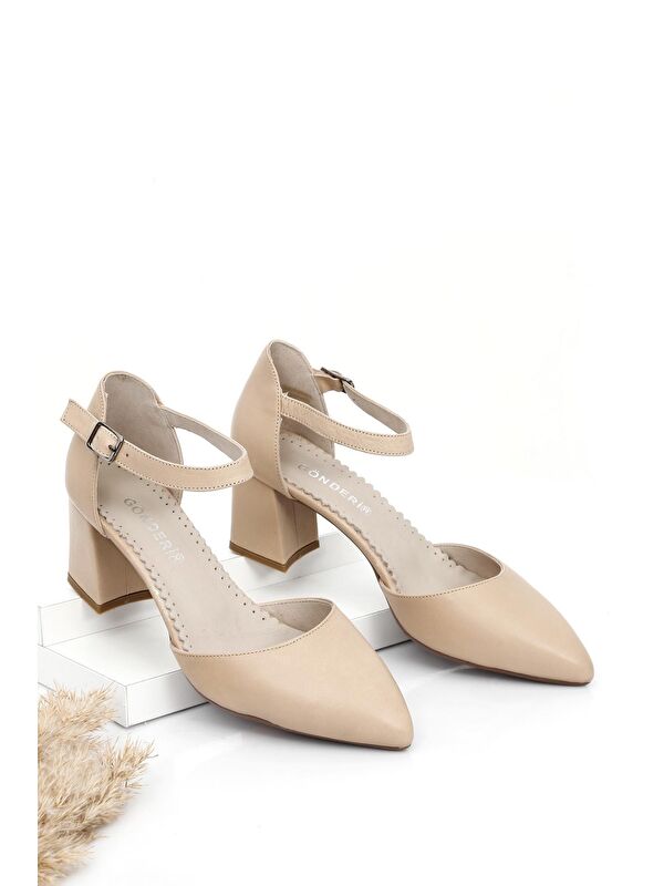 NUDE Hakiki Deri Sivri Burun Bilek Bağlı Orta Kalın Topuklu Kadın Ayakkabı 24121 - Görsel 3