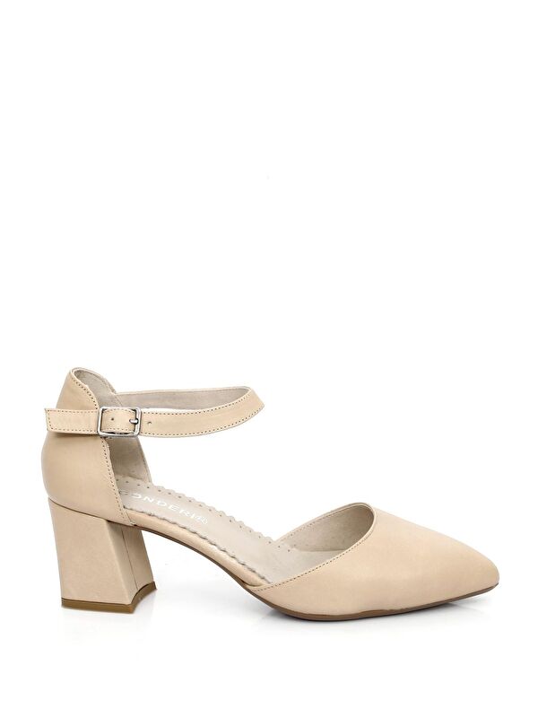 NUDE Hakiki Deri Sivri Burun Bilek Bağlı Orta Kalın Topuklu Kadın Ayakkabı 24121 - Görsel 5