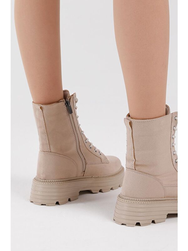 Kadın Krem Süet Poli Taban Rahat Kalıp Bağcıklı Bot - Görsel 5