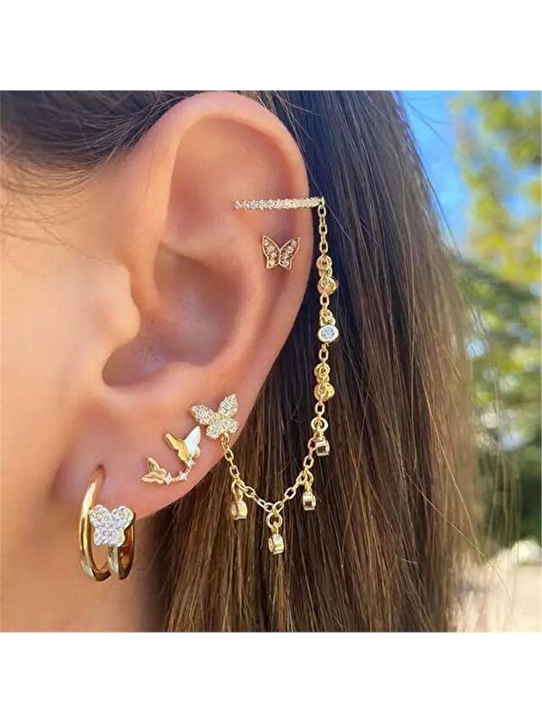 Pelin Aksesuar Kelebekli Kulak Aksesuarı Piercing Küpe Seti