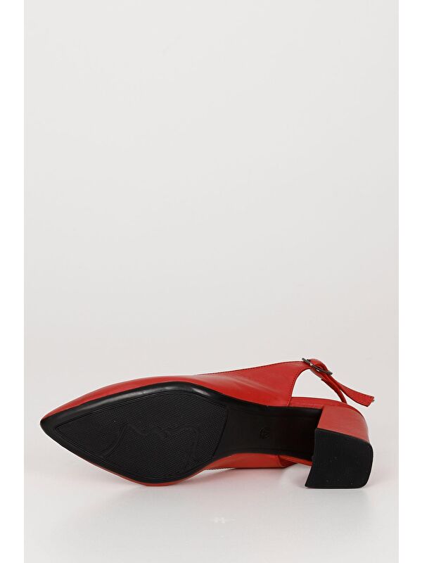 KIRMIZI Hakiki Deri Sivri Burun Orta Kalın Topuklu Arkası Açık Kadın Yazlık Ayakkabı 24118 - Görsel 8