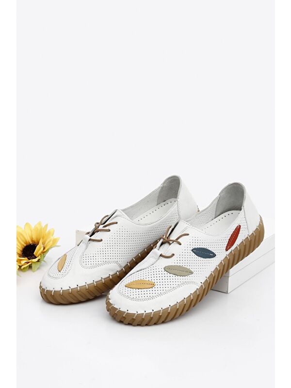 BEYAZ Hakiki Deri Yuvarlak Burun Düz Taban Kadın Sneaker 45671 - Görsel 2