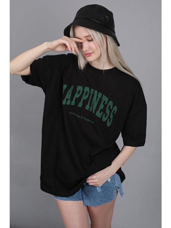 Madmext Kadın Siyah Baskılı Oversize Tişört Mg1230