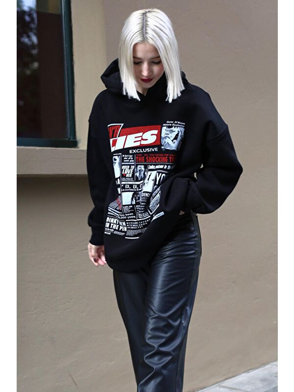 Madmext Siyah Baskılı Oversize Kapüşonlu Kadın Sweatshirt Mg1581