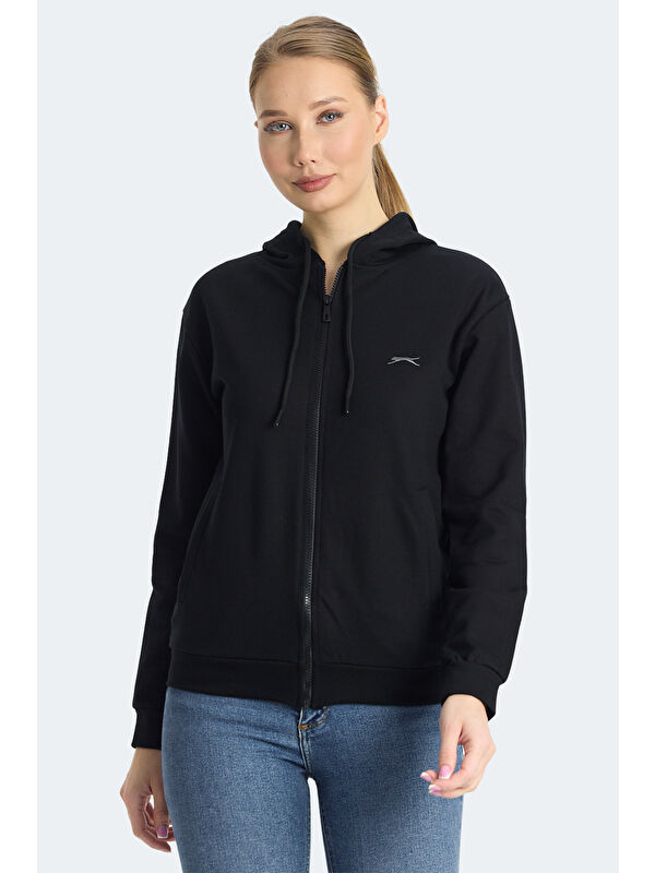 SLAZENGER KINET IN Kadın Fermuarlı Kapüşonlu Cepli Siyah Sweatshırt