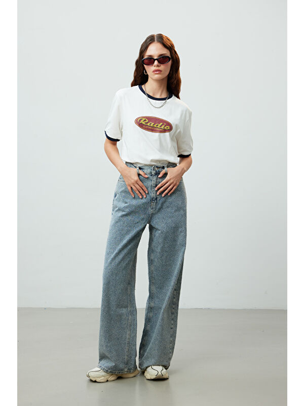 Manuka Loose Fit Dokulu Denim Pantolon Mavi