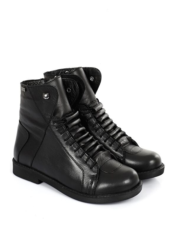 SİYAH Hakiki Deri Yuvarlak Burun Kauçuk Taban Bağcıklı Kadın Günlük Bot 52472 - Görsel 3