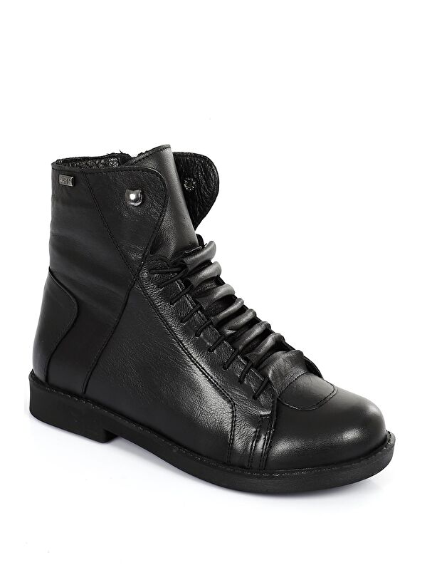 SİYAH Hakiki Deri Yuvarlak Burun Kauçuk Taban Bağcıklı Kadın Günlük Bot 52472 - Görsel 6