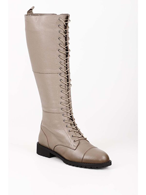 Hakiki Deri Yuvarlak Burun Kauçuk Taban Topuklu Bağcıklı Kadın Günlük Çizme 64601 - Görsel 5