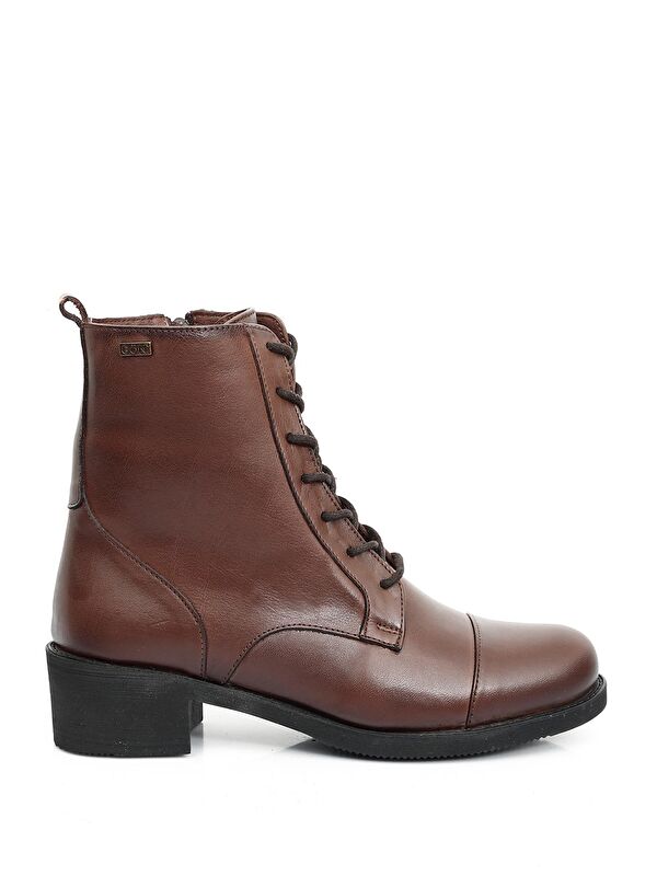 KAHVERENGİ Hakiki Deri Yuvarlak Burun Kauçuk Taban Topuklu Fermuarlı Bağcıklı Kadın Günlük Postal B - Görsel 3