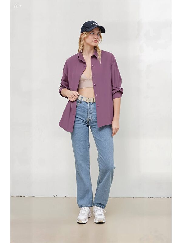 Hazelin Kadın Koyu Lila Oversize Uzun Basic Gömlek HZL22W-BD139001