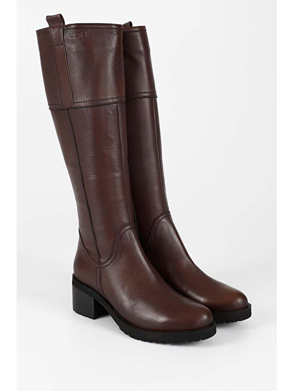 Hakiki Deri Yuvarlak Burun Kauçuk Taban Topuklu Fermuarlı Kadın Günlük Çizme 63591 - Görsel 3