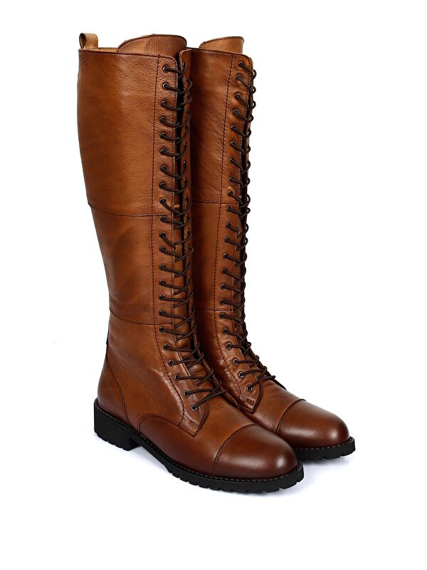 Hakiki Deri Yuvarlak Burun Kauçuk Taban Topuklu Bağcıklı Kadın Günlük Çizme 64601 - Görsel 3