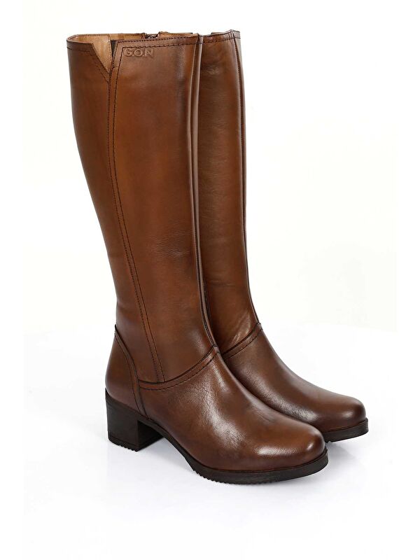 Hakiki Deri Yuvarlak Burun Kauçuk Taban Topuklu Fermuarlı Kadın Günlük Çizme 46529 - Görsel 3