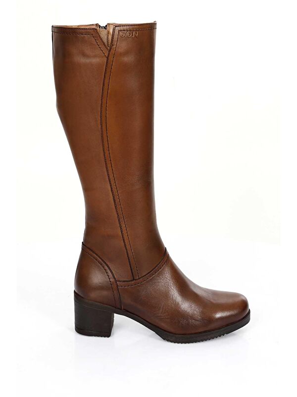 Hakiki Deri Yuvarlak Burun Kauçuk Taban Topuklu Fermuarlı Kadın Günlük Çizme 46529 - Görsel 5