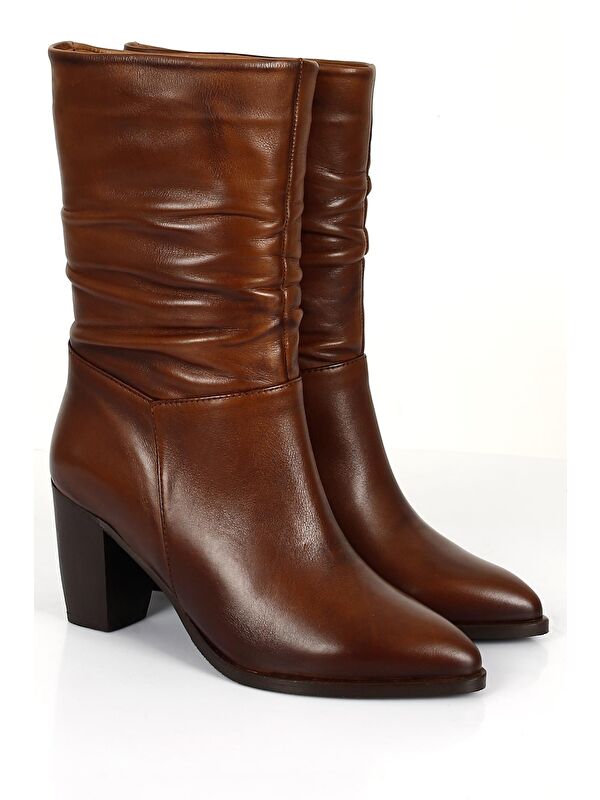 Hakiki Deri Sivri Burun Körüklü Topuklu Kadın Günlük Çizme 44579 - Görsel 3