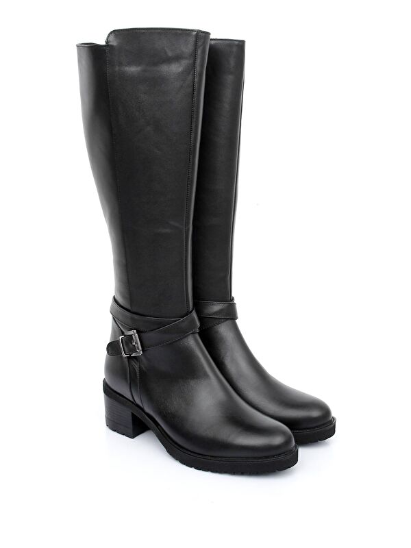 Hakiki Deri Yuvarlak Burun Kauçuk Taban Topuklu Fermuarlı Tokalı Kadın Günlük Çizme 43575 - Görsel 3