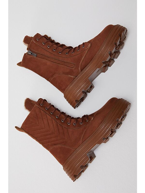 Kadın Taba Süet Desenli Rahat Kalıp Bağcıklı Bot - Görsel 4