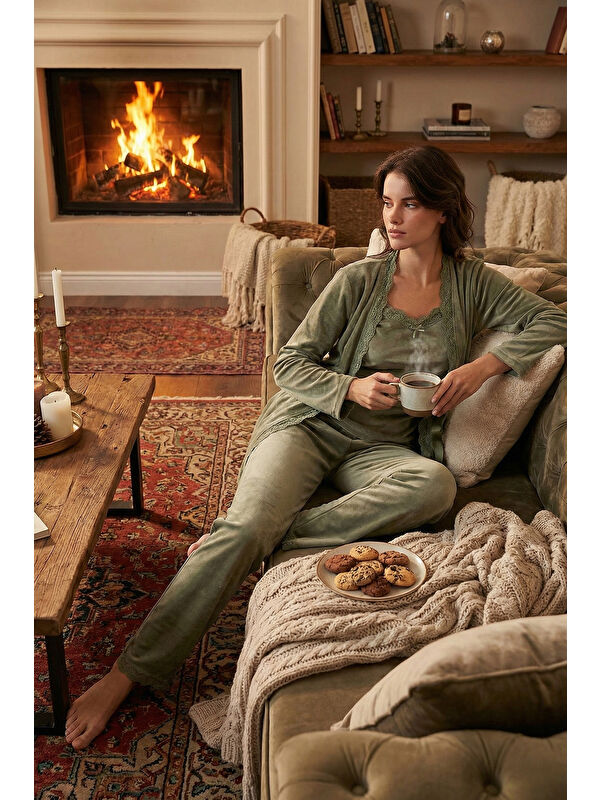 Lela Regular Fit Dantelli Yumuşak Dokulu Sabahlıklı Kadife Kadın Pijama Takımı 6095545W4