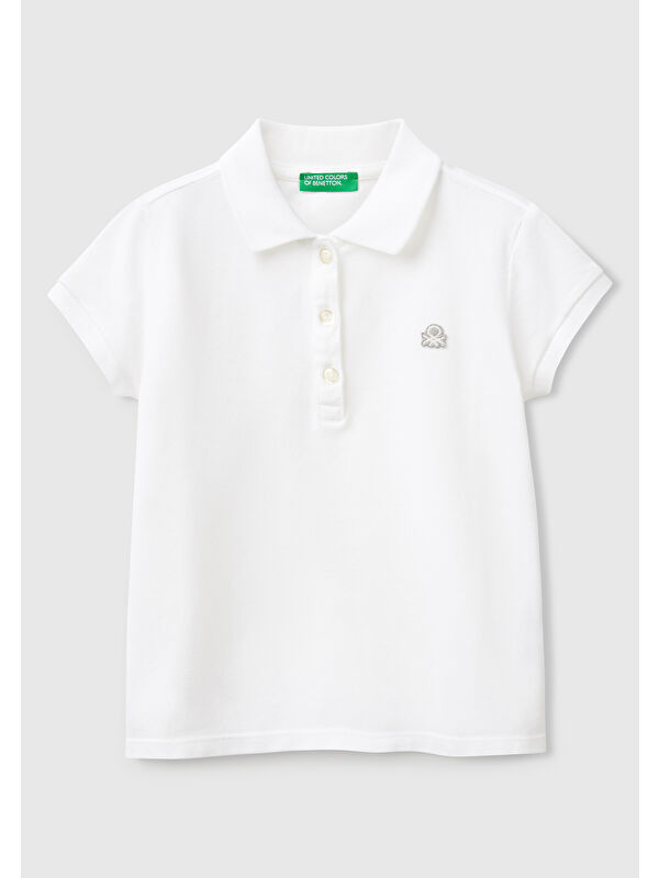 United Colors Of Benetton Kız Çocuk Beyaz Logolu Pike Polo Tişört