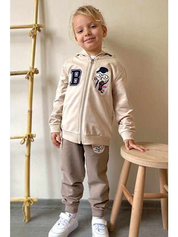 Breeze Erkek Bebek Eşofman Takım Havalı Ayıcık Nakışlı Bej (1.5 Yaş)