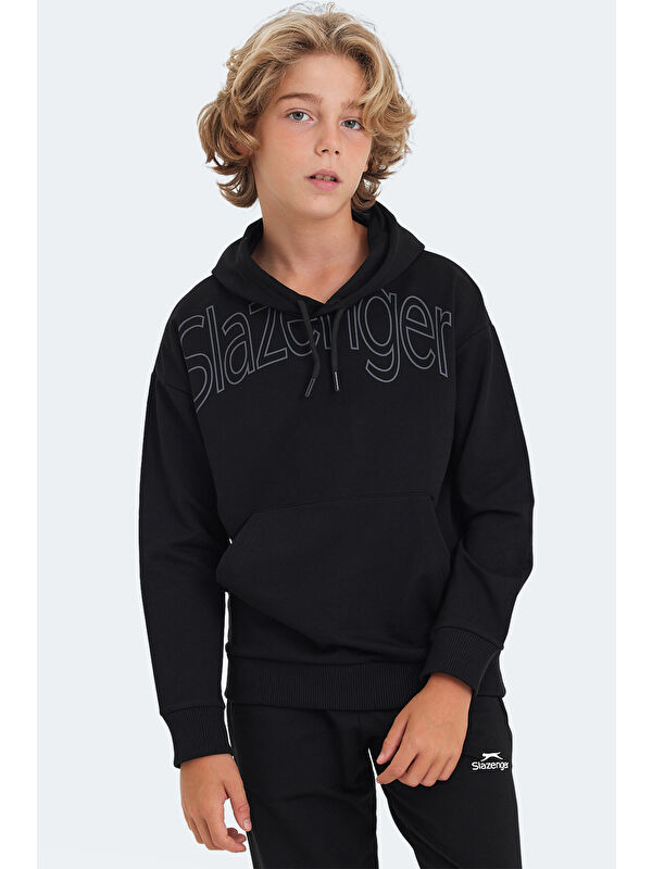 SLAZENGER LETTO Unisex Çocuk Kapüşonlu Cepli Siyah Sweatshirt