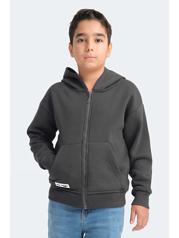 SLAZENGER LEKAN Unisex Çocuk Fermuarlı Kapüşonlu Cepli Koyu Gri Sweatshirt