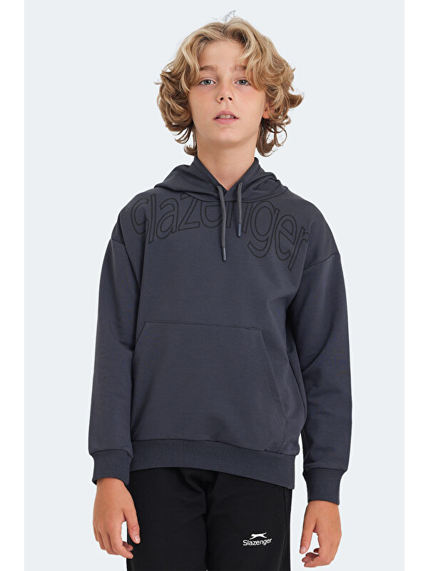 SLAZENGER LETTO Unisex Çocuk Kapüşonlu Cepli Koyu Gri Sweatshirt