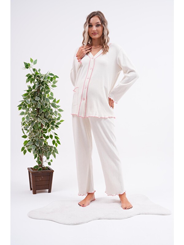 MİSS DÜNYA LİSSA Beyaz Önden Düğmeli Ayarlanabilir Bel Kol ve Paça Fırfır Detaylı Hamile Pijama Takımı