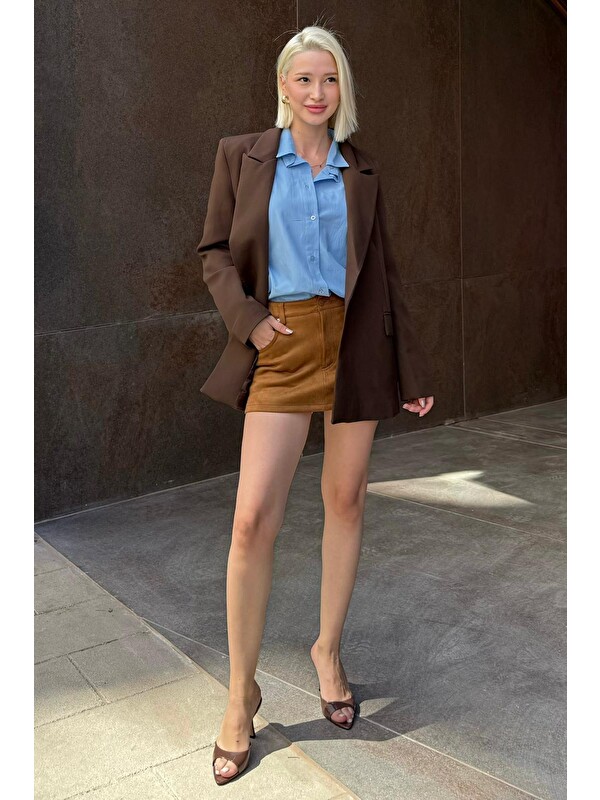 Madmext Kahverengi Astarlı Kadın Blazer Ceket Mg2508