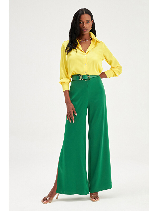 SATEEN Yırtmaç Detaylı Saten Pantolon - Zümrüt